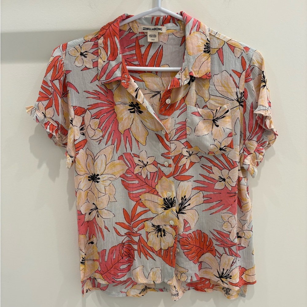 BILLABONG Girls Tropical Hawaiian Button-Down Shirt with Ruffle Sleeve